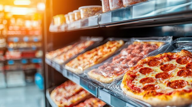 Unhealthy processed and packaged foods concept. A display of packaged pizzas on shelves in a brightly lit store, showcasing various flavors ready for purchase.