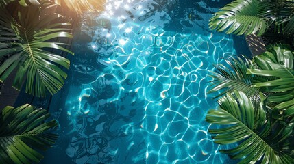 Sunlit Blue Pool Water with Palm Leaf Shadow - Summer Vacation Background