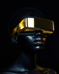 Dark photo of the head of a african american woman, on a dark black background, wearing luxuous golden VR glasses