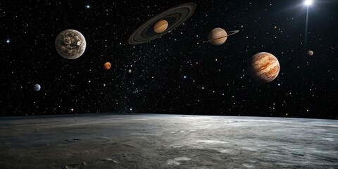 Dark space with stars and planets suspended in a black void, cosmic landscape, night sky