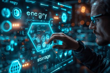 Fototapeta premium Hazardous Material Safety Officer Touching Hexagon Icon for Energy with Dangerous Goods Symbols