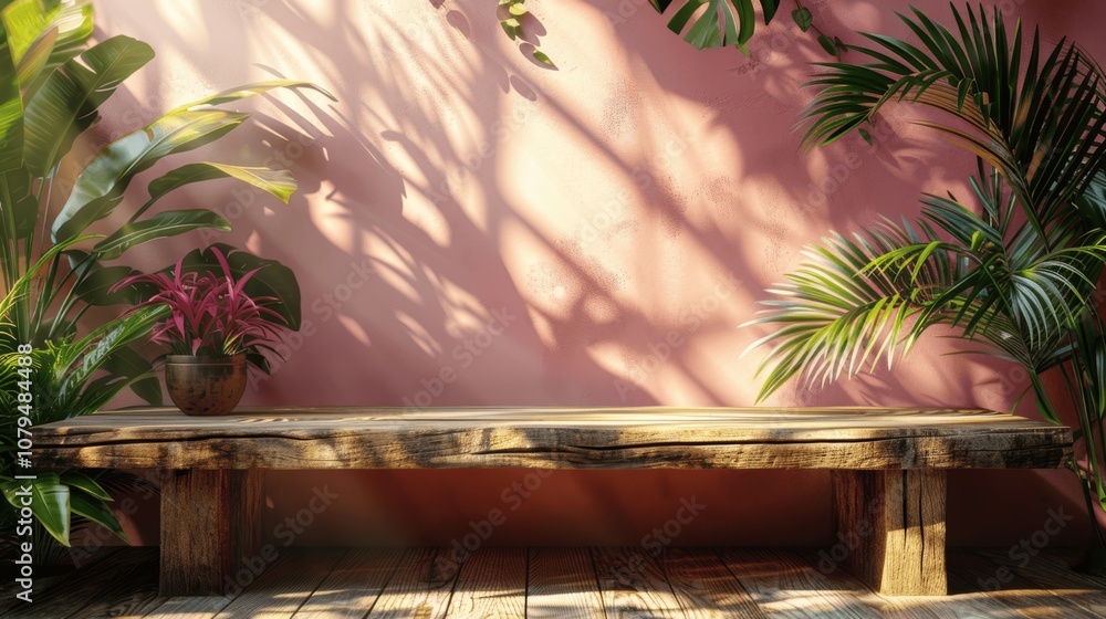 Poster minimal wood table in sunlit room with palm leaf shadows for product display