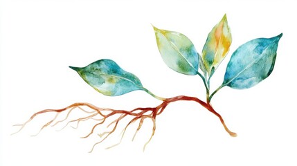 Fototapeta premium Colorful plant illustration with leaves and roots, white isolated background