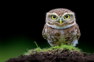 A burrowing owl standing near its nest, with alert eyes and a cautious posture