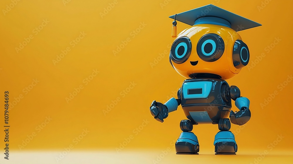 Poster a graduation themed robot stands in a serene minimalist background space symbolizing the fusion of t