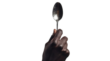 Black male hand holding a silver spoon on white transparent background


