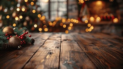 wooden table with christmas tree and holiday decorations in blurred background with golden bokeh lights, restaurant interior for product display, xmas style