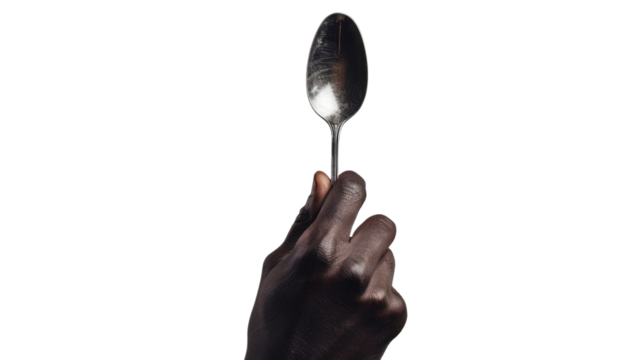Black male hand holding a silver spoon on white transparent background

