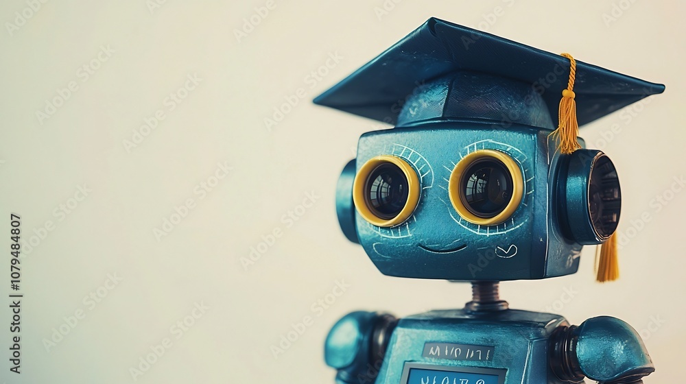 Aufkleber adorable robot character wearing academic graduation cap posed on a soft toned backdrop with ample e
