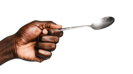 Black male hand holding a silver spoon on white transparent background

