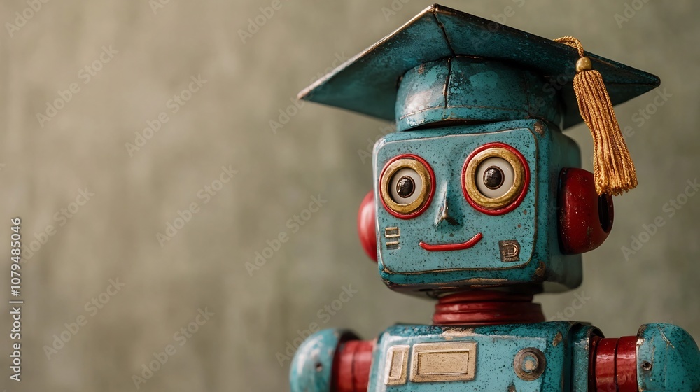 Poster close up of a friendly and inviting robot character wearing a graduation cap against a soft neutral 