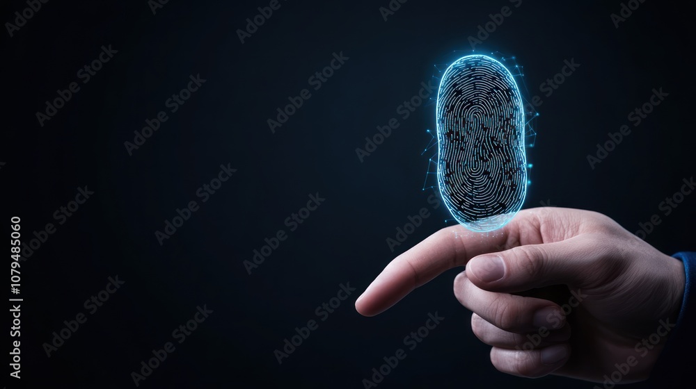 Poster a hand with a digital fingerprint symbolizing security and technology.