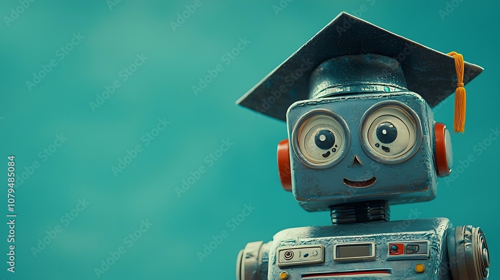 Aufkleber close up of friendly robot in graduation cap against neutral soft background with ample copy space f