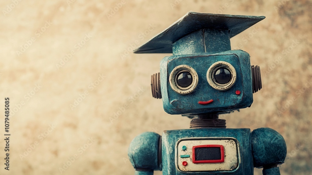 Aufkleber close up of a friendly robot wearing a graduation cap against a neutral and soft background with a m