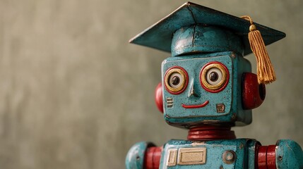 Naklejka premium Close up of a friendly and inviting robot character wearing a graduation cap against a soft neutral and minimalistic background with ample space for a message or caption