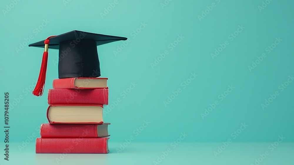 Poster close up view of a graduation cap and stack of books in an academic setting on a light blue backgrou