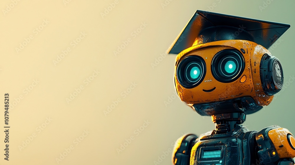 Aufkleber closeup of a friendly intelligent robot wearing a graduation cap against a neutral soft background s