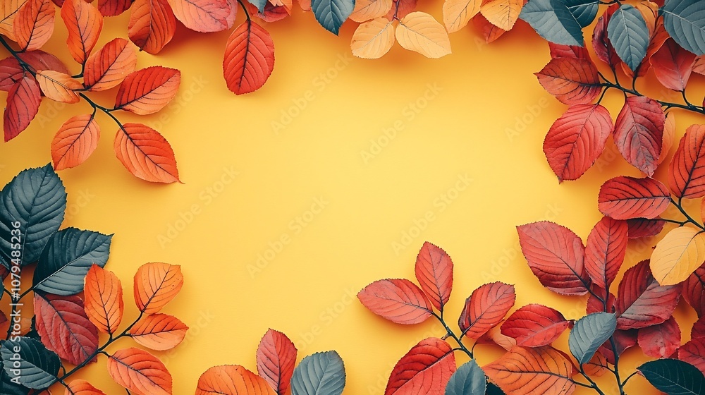 Poster closeup of vibrant colorful autumn leaves resting on a soft warm yellow background creating a peacef