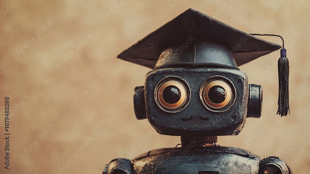 Aufkleber closeup portrait of a friendly and intelligent robot wearing a graduation cap against a neutral soft