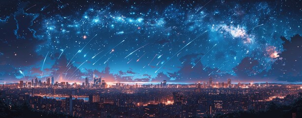 Anime Style Shooting Stars in Night Sky with City Lights