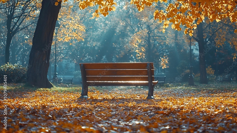 Poster cozy autumn park scene with vibrant orange leaves and soft warm sunlight in the background creating 