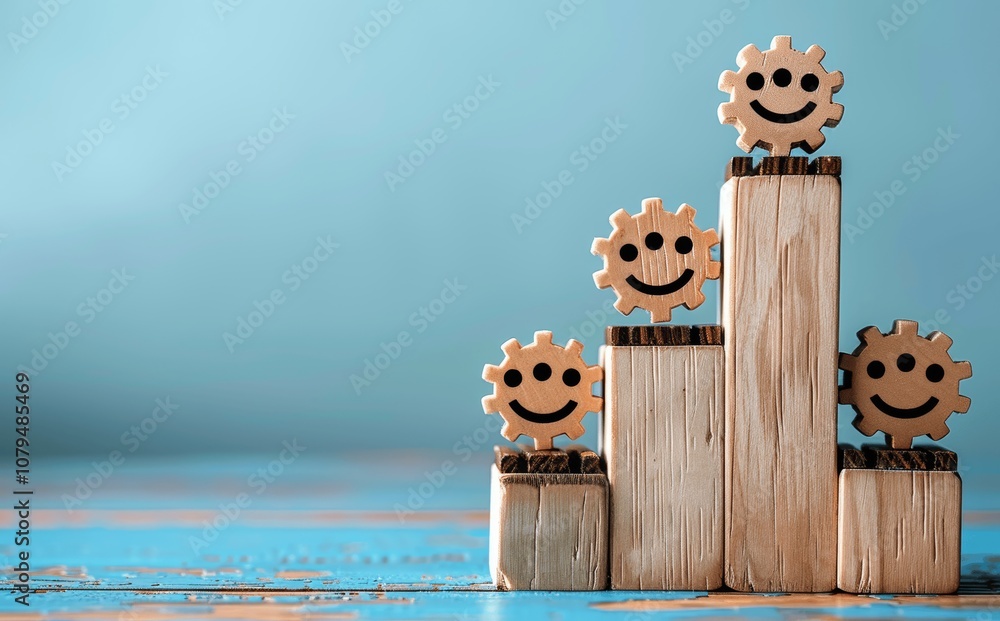 Poster smiling wooden block bar graph symbolizing customer growth and business success