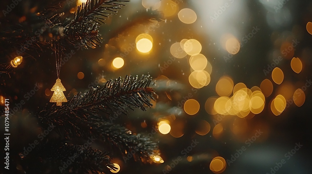 Poster cozy christmas tree with warm glowing lights and a soft blurred bokeh background creating a festive 