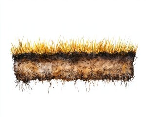 Cross-section of soil with roots and grass, white isolated background.