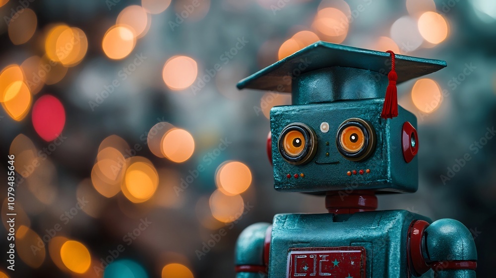 Aufkleber friendly ai powered robot wearing a graduation cap against a soft neutral background with ample spac