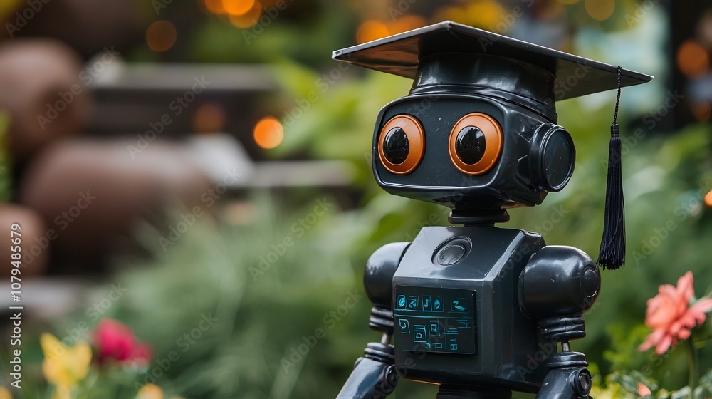 Aufkleber friendly and approachable robot wearing graduation cap and gown standing in calming peaceful backgro