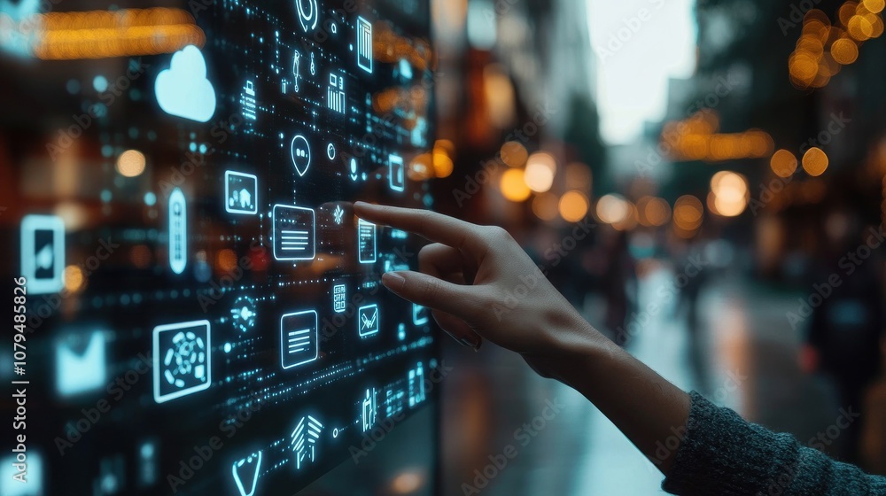 Poster interactive digital interface with hand interacting with a screen, city lights in the background