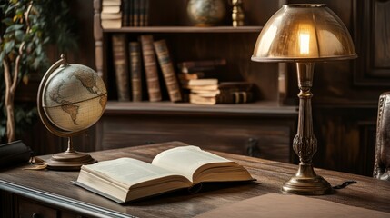 Elegant study desk arrangement featuring a classic open book, vintage globe, and stylish lamp, evoking a scholarly and sophisticated atmosphere.