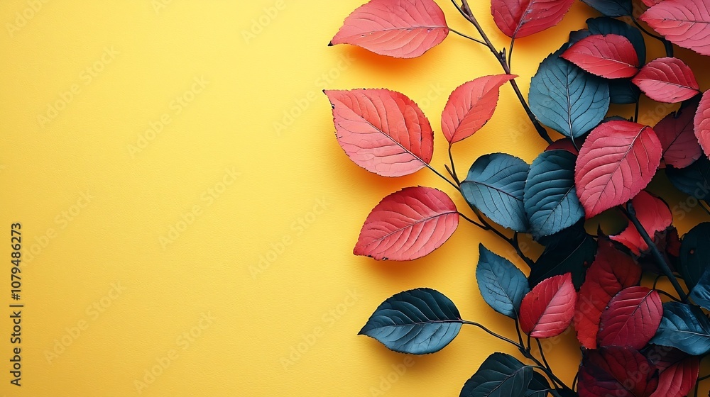 Aufkleber peaceful and inviting fall scene with vibrant colorful autumn leaves arranged on a soft yellow backg