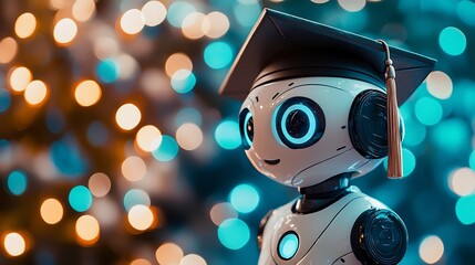 Graduation Cap on Robot Character Against Soft Color Background with Clean and Minimalist Style No Logos or Text