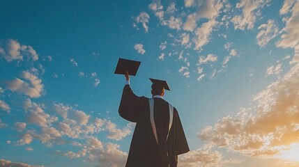 Joyful graduate standing with raised cap against a serene open sky with fluffy clouds celebrating the successful completion of their academic journey and the bright future ahead