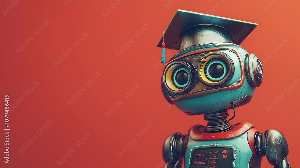 Aufkleber robotic character wearing graduation cap against soft and calming background with ample space for te