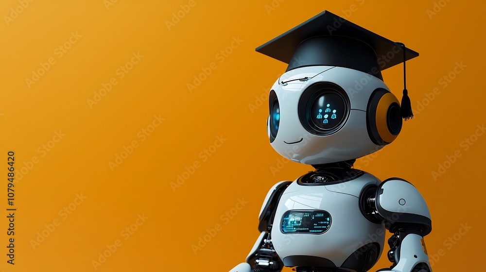 Aufkleber robotic character wearing a graduation cap set against a soft calming background with ample space fo