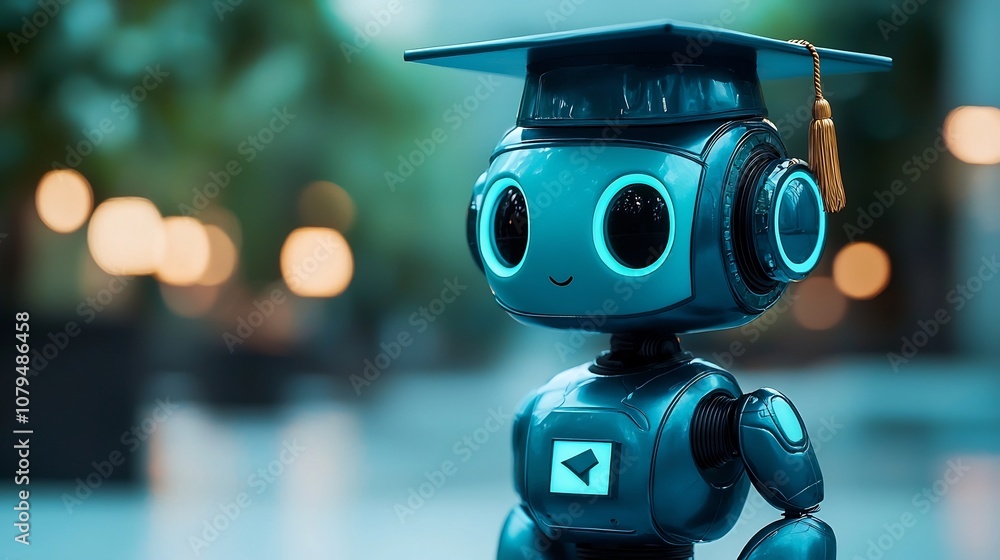 Aufkleber robotic character wearing graduation cap on soft background with ample space for text educational th