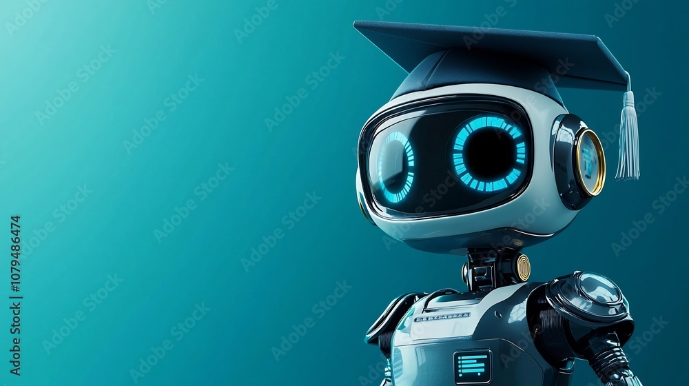 Poster robotic graduate wearing a graduation hat in a minimal clean background setting with spacious areas 