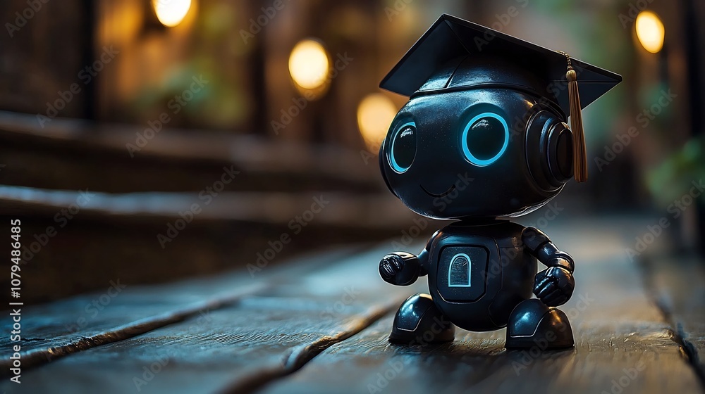 Aufkleber robotic graduate in soft toned educational setting with ample copy space ai powered robot character 
