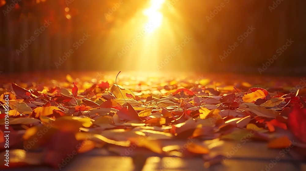 Poster scattered autumn leaves on the ground with soft sunlight beams in the background creating a gentle a