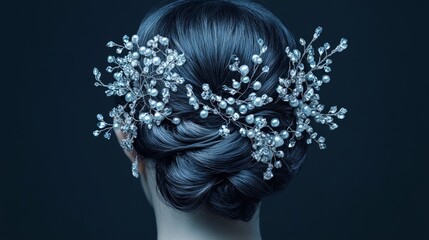 Elegant wedding updo adorned with crystals and pearls, showcasing sophistication and beauty, perfect for bridal inspiration or hairstyling references.