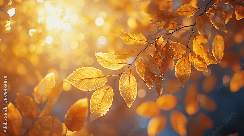 Poster Sunlit autumn leaves with a soft cozy bokeh effect in the background creating a serene and peaceful atmosphere with warm fall colors and space for a message or text overlay