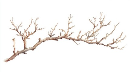 Dry tree branch with intricate patterns, white isolated background.