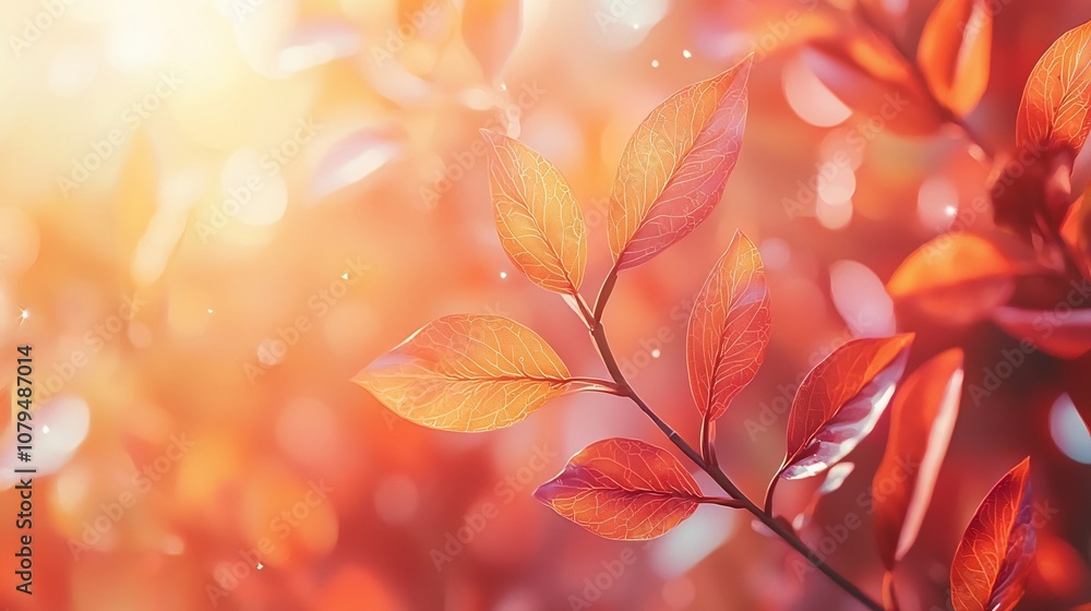 Poster Vibrant orange and red autumn leaves set against a soft blurred sunlit backdrop creating a peaceful and serene natural scene with a large empty space for copy or messaging
