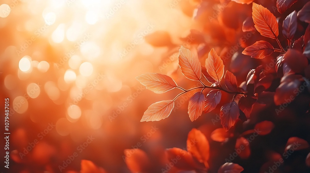 Poster Vibrant autumn leaves in shades of orange and red with a soft blurred sunlight background creating a peaceful and serene scene with a large empty space for messaging