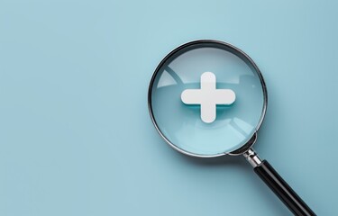 Fototapeta premium Healthcare Concept with Plus Sign in Magnifier on Blue Background for Positive Mindset and Medical Value