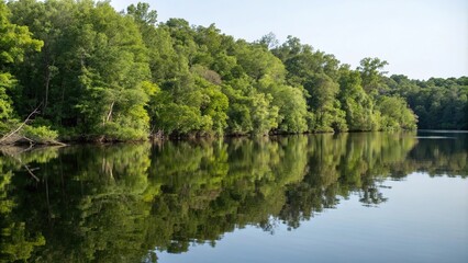 Distorted reflection of a verdant landscape in calm waters, vegetation, mirror image, foliage, plants, ocean