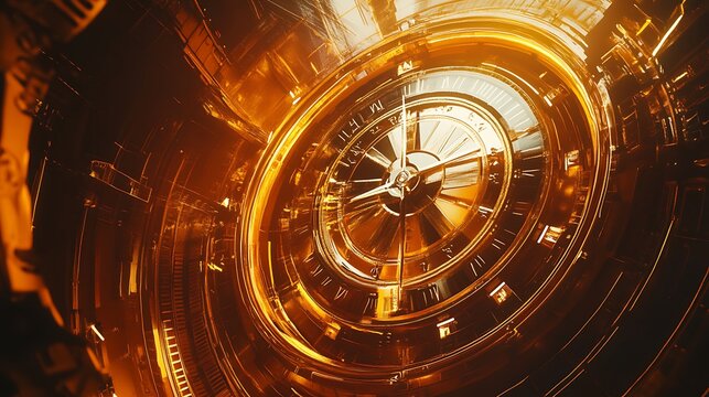 A futuristic clock design with a glowing orange hue, showcasing intricate gears and a modern aesthetic.