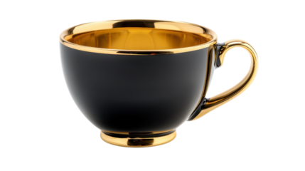 Black and gold cup of coffee on white transparent background

